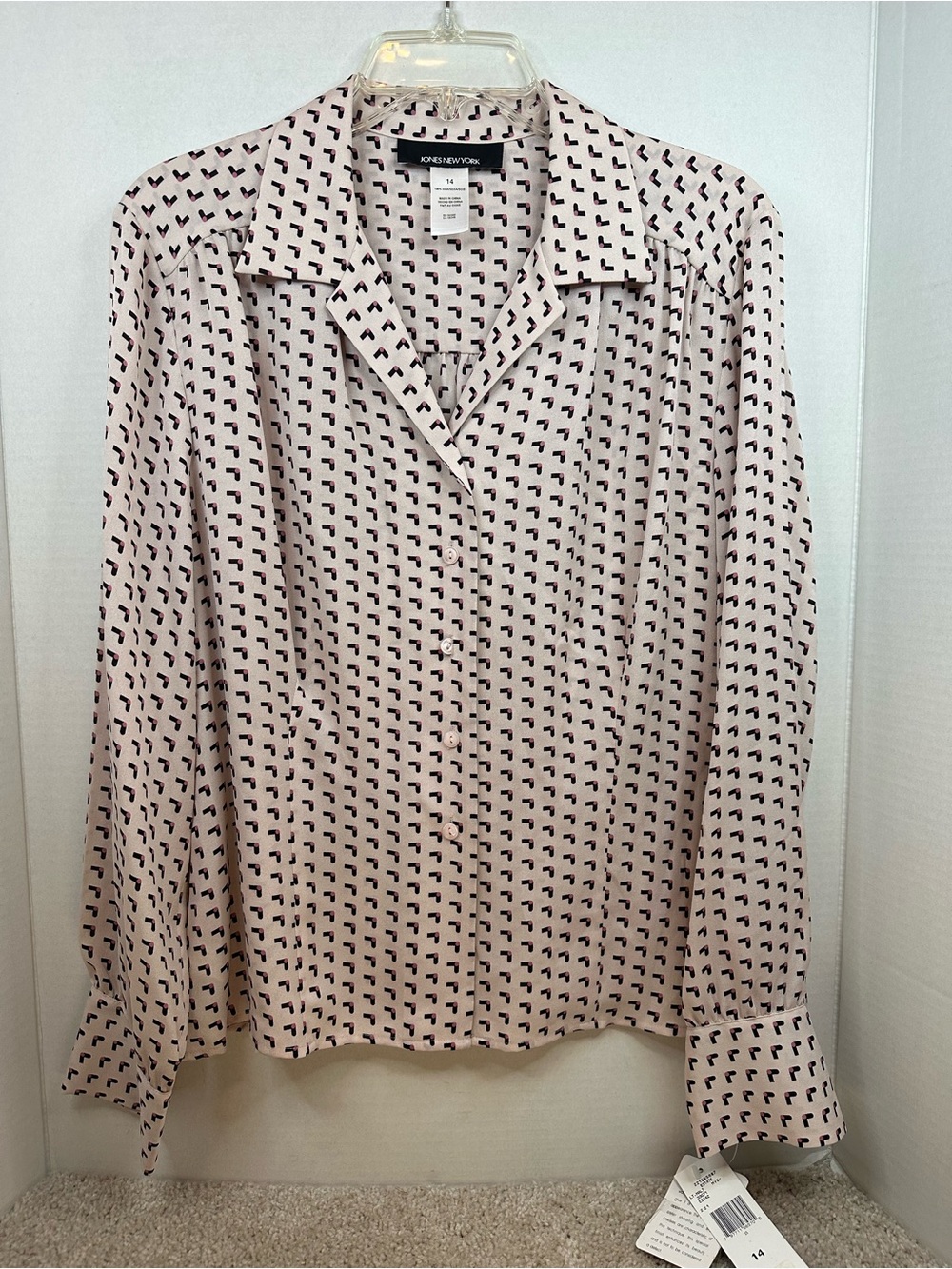 Jones New York Pink Button-Down Shirt with Black Micro Pattern, 100% Silk